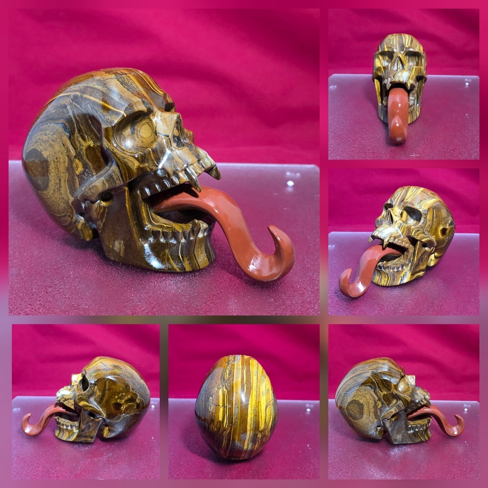 4+LB Natural Tiger Eye Hand Carved Crystal Vampire Skull With Red Jasper Tongue